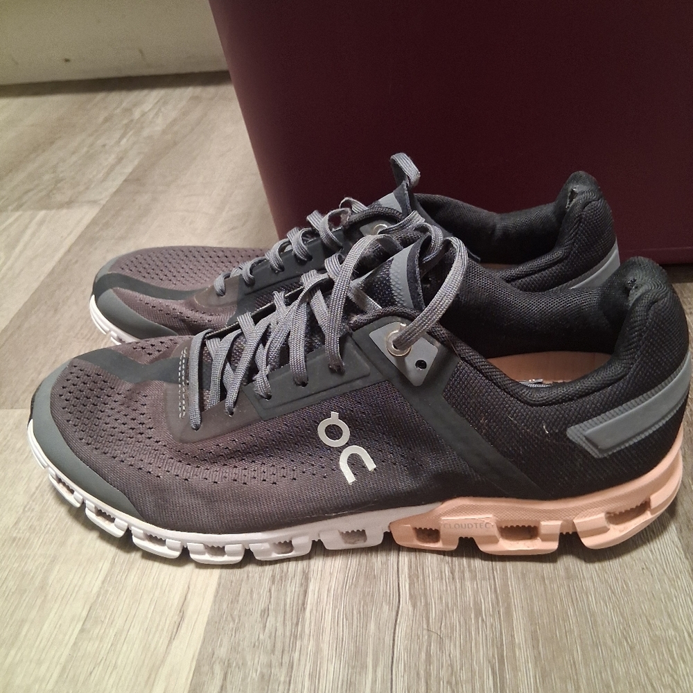 On Running Gray and Peach Sneakers